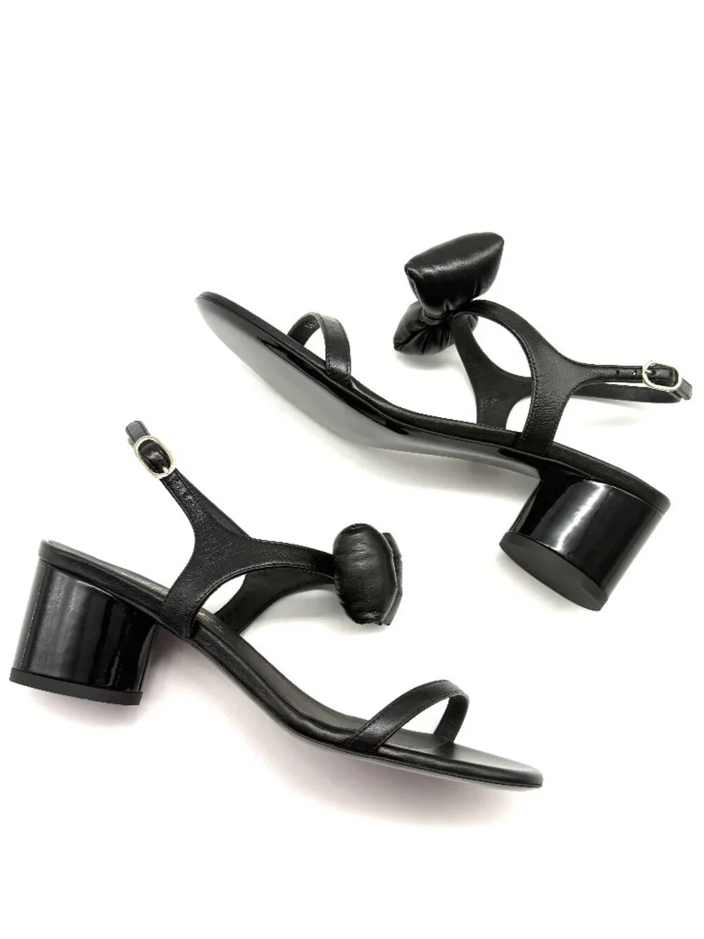 CHANEL 25P Lambskin Leather CC Bow Ankle Strap Sandals Block Heels Shoes - Picture 14 of 16